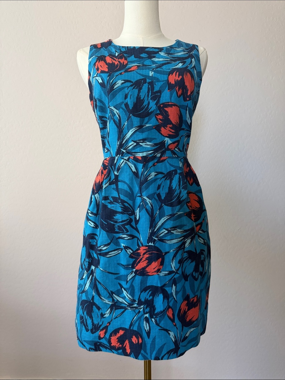 J. Crew Turquoise Floral Tulip Dress with Coral Accents